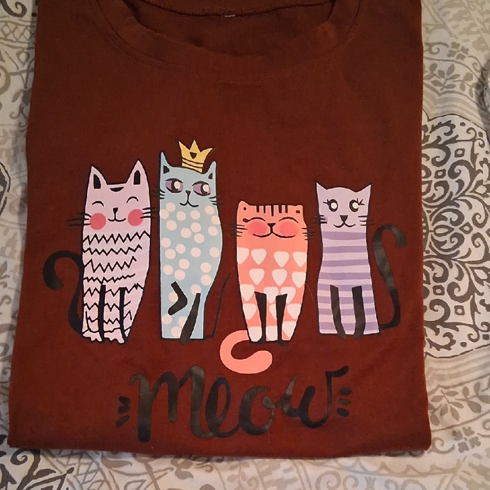 Gildan Brown Tee with Colorful Cat Design